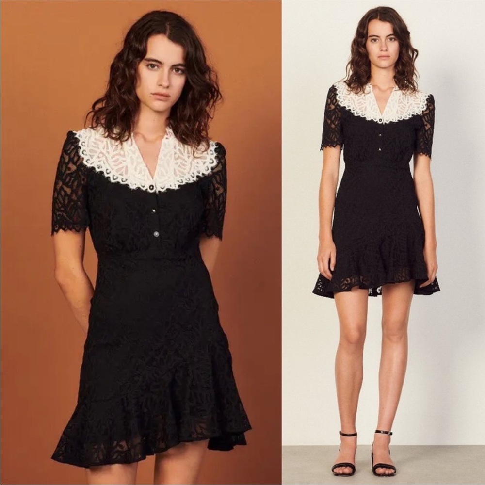 Sandro Rosanne two-tone Lace dress black and ivory